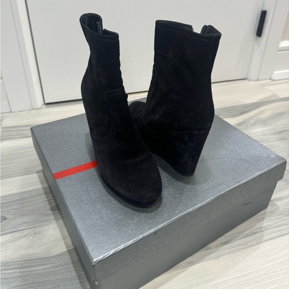 Prada suade wedged booties in black and size 39.5